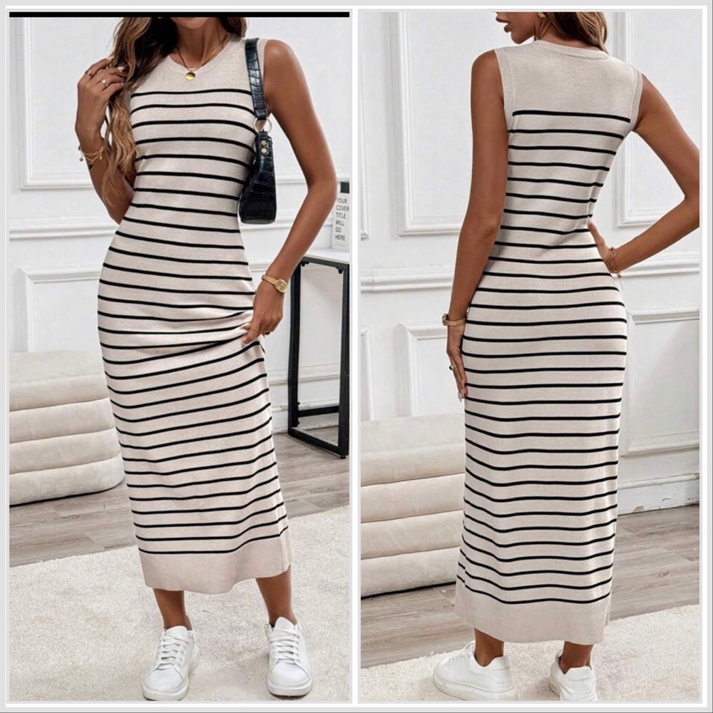 Sleeveless Cream & Black Striped Knit Midi Dress